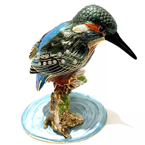Kingfisher Bird Bejeweled Enameled Hummingbird Trinket Box Hinged Magnetic - Picture 2 of 13
